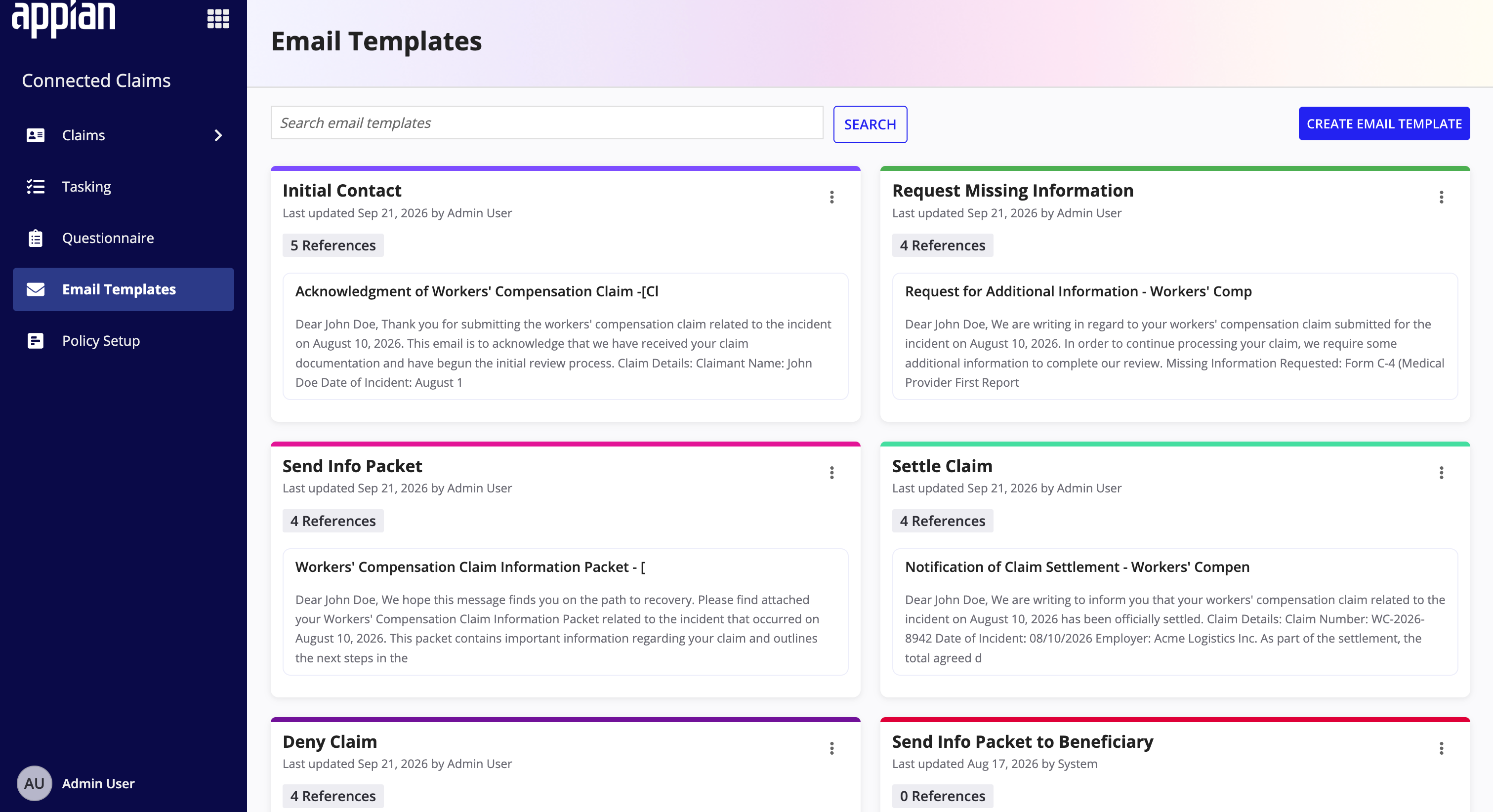 The Email Templates section, showing each template as a card with its reference count and a preview of its subject and body