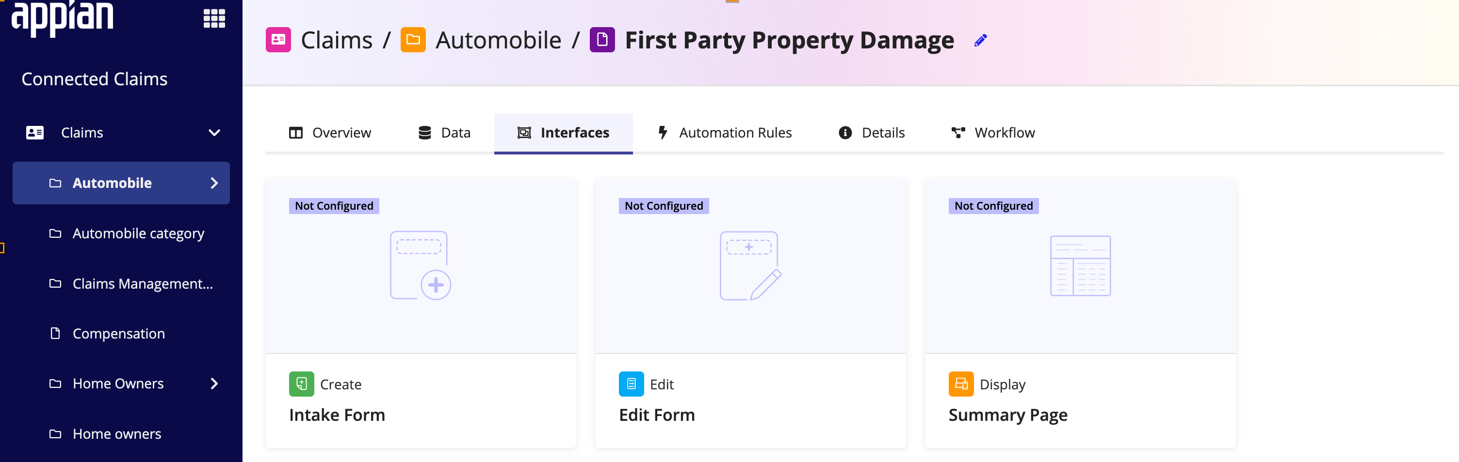 The Interfaces tab of a claim type, showing the Intake Form, Edit Form, and Summary Page cards, each marked Not Configured