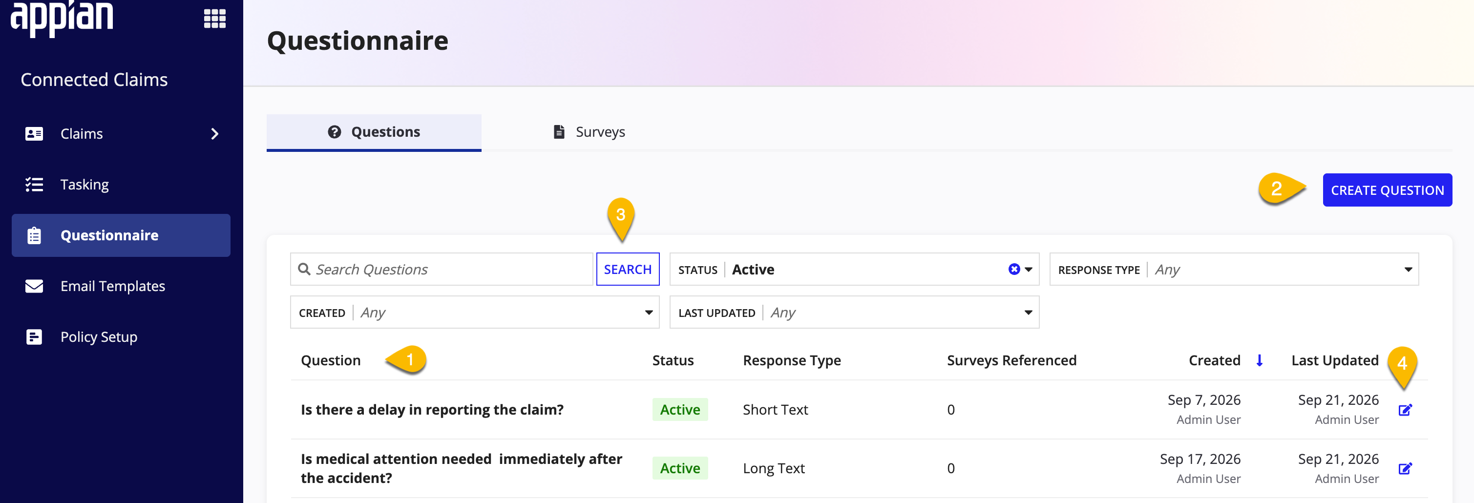 The Questions tab in the Questionnaire section, listing each question with its status, response type, and the number of surveys that reference it