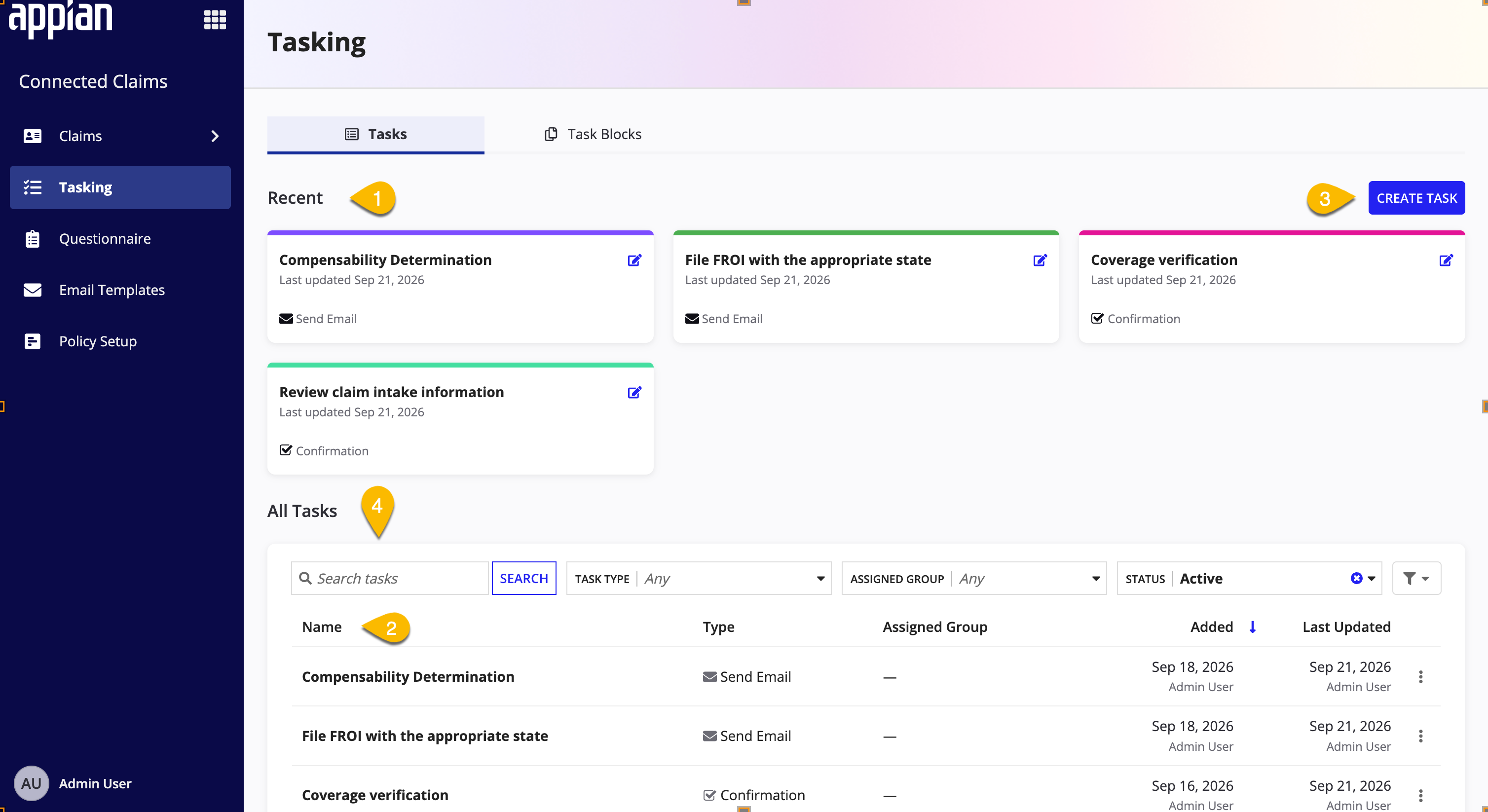 The Tasks tab in the Tasking section, showing the Recent task cards above the All Tasks list