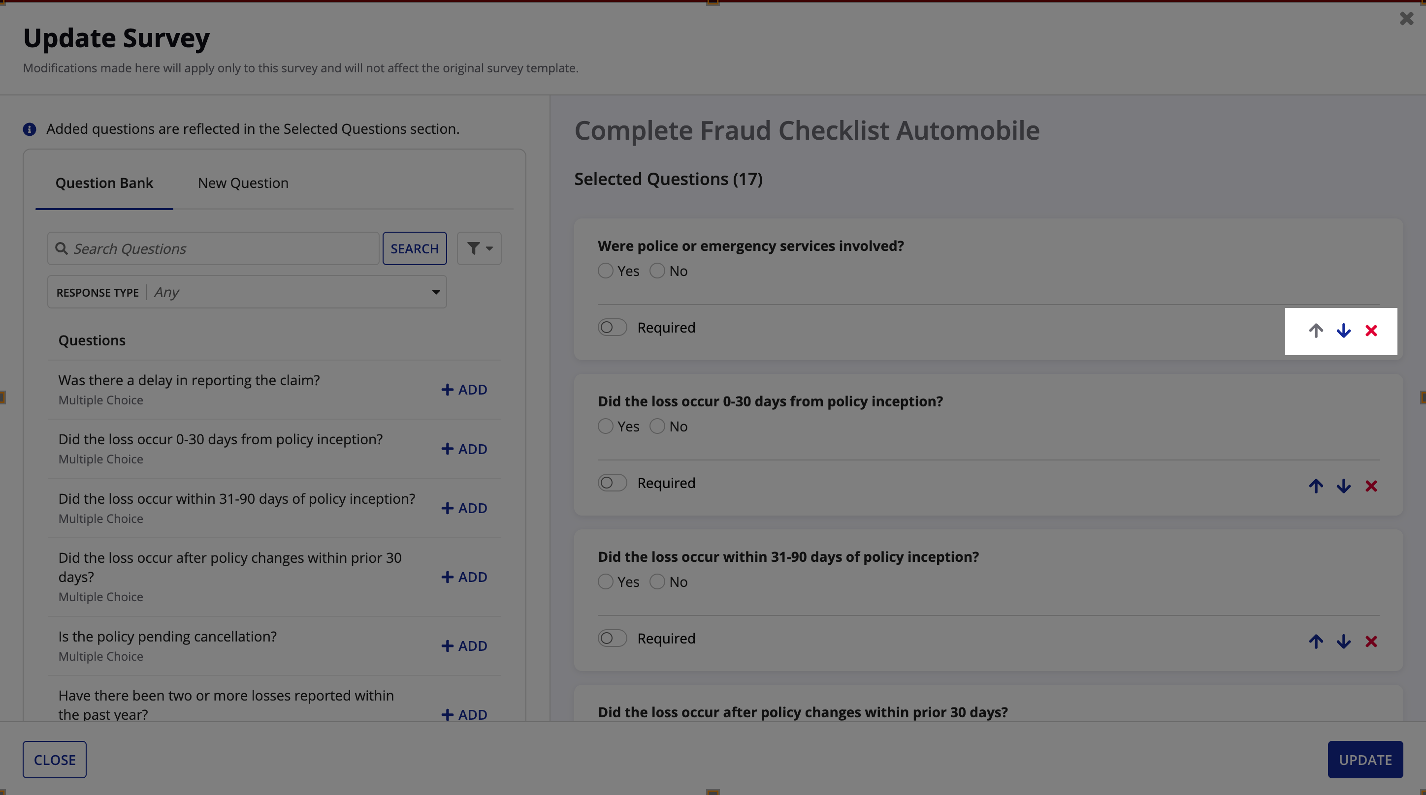 A question card in the Selected Questions list, showing the Required toggle and the Move Up, Move Down, and Remove icons
