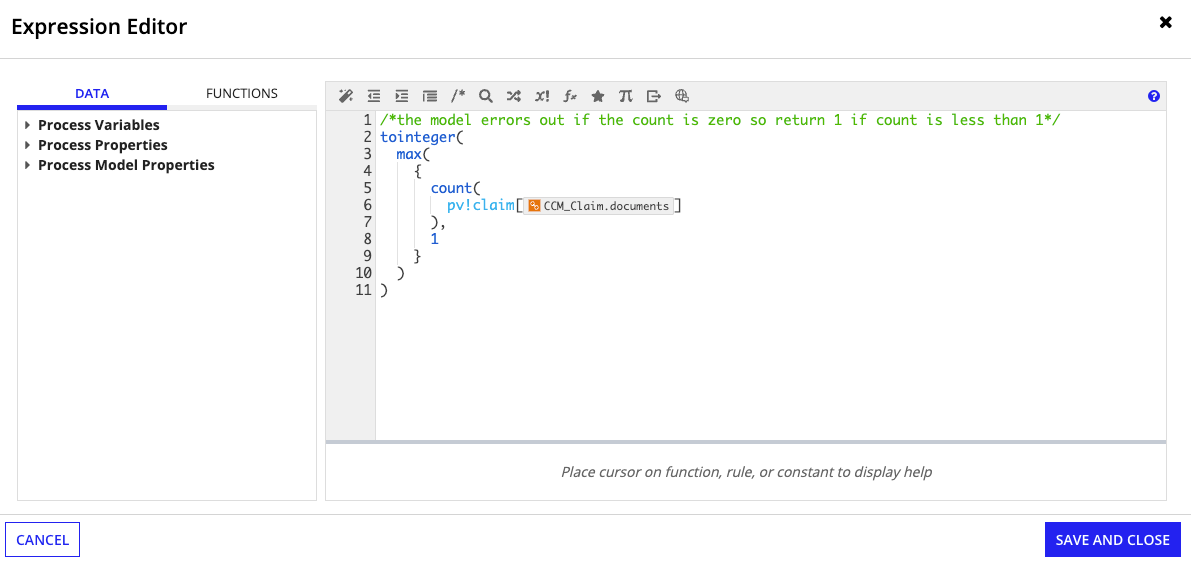 The expression editor showing the Run this many expression for the multiple node instance