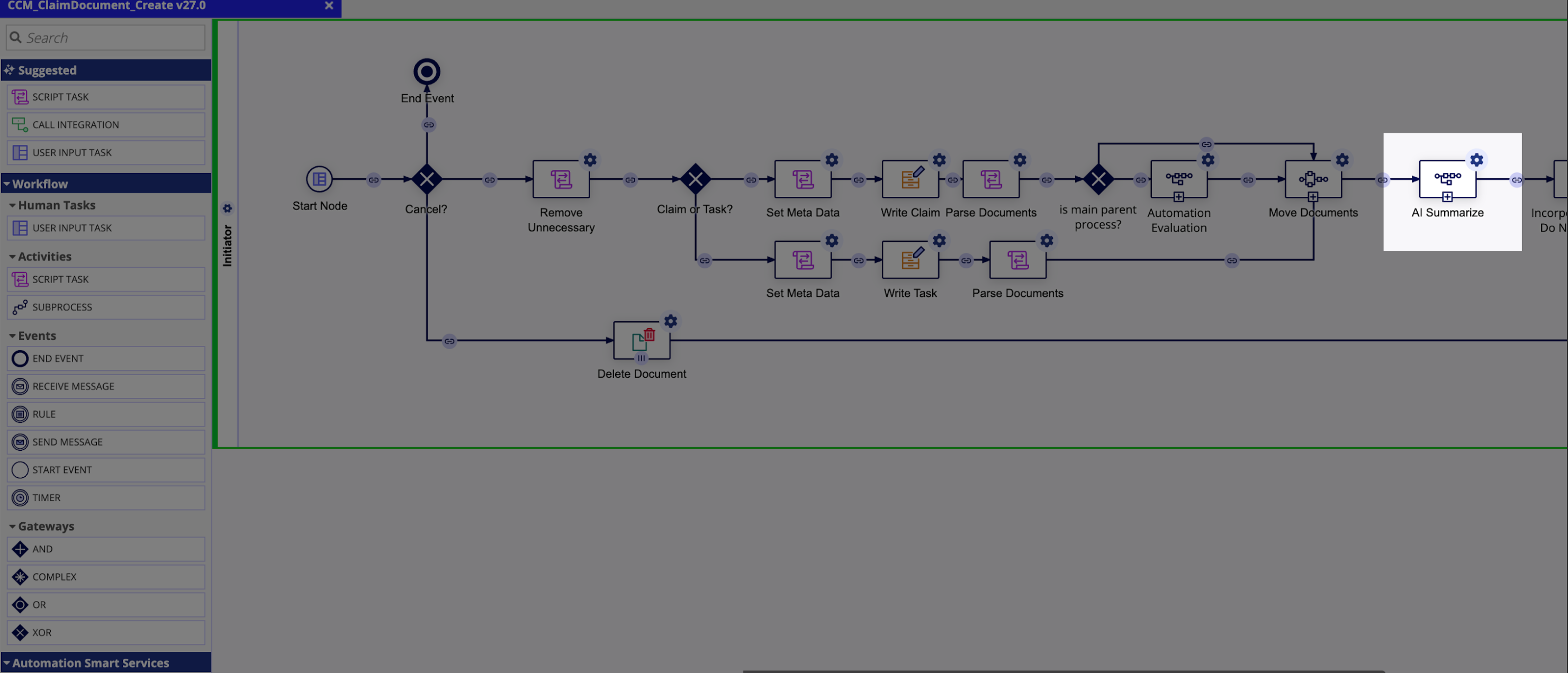 The Create Document process model with the AI Summarize Docs subprocess node added before the Incorporation Tag Script task