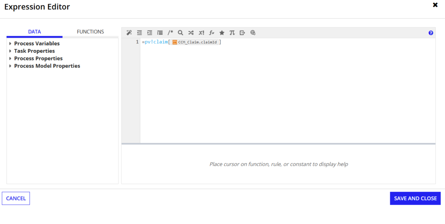 The claimId input variable set to pv!claimId in the sub process setup tab