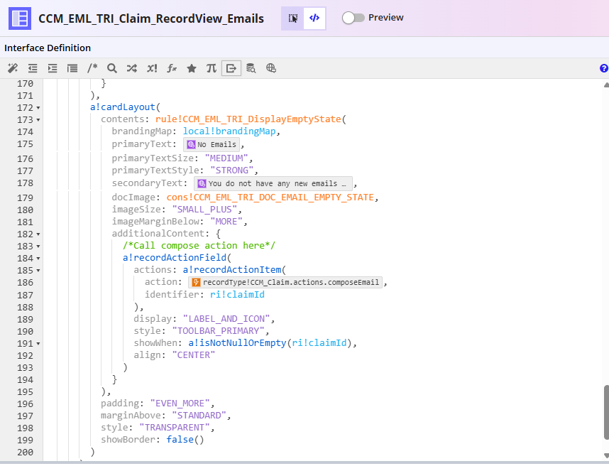 The Compose action configured in the CCM_EML_TRI_Claim_RecordView_Emails interface
