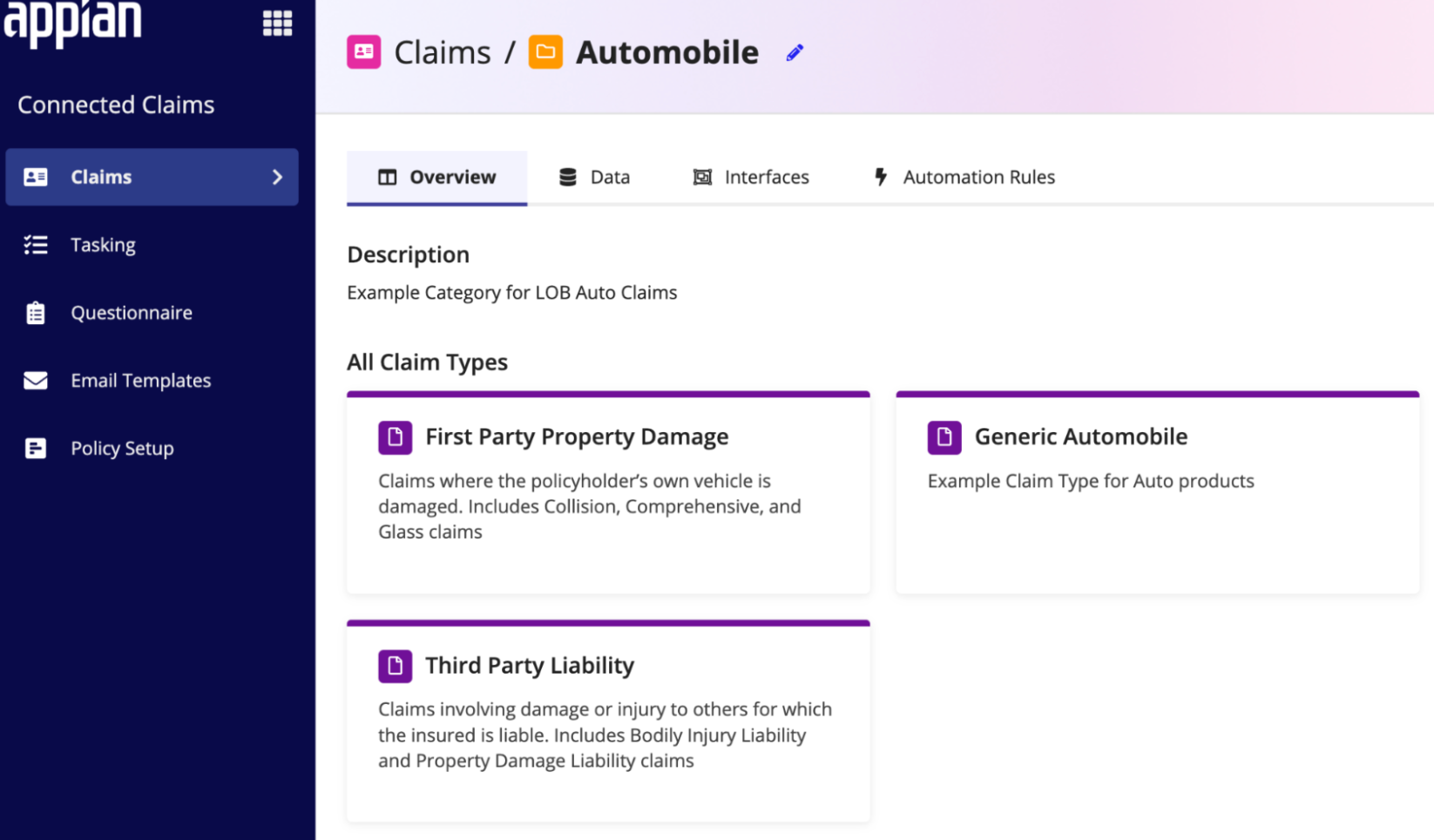 Navigating to a claim type through its claim category in the Control Panel