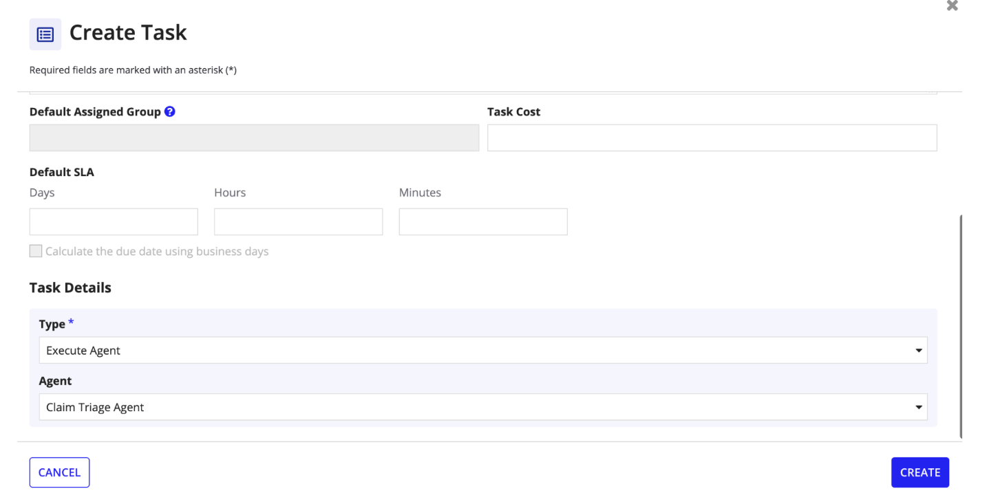 Task Type set to Execute Agent with Claim Triage Agent selected as the agent