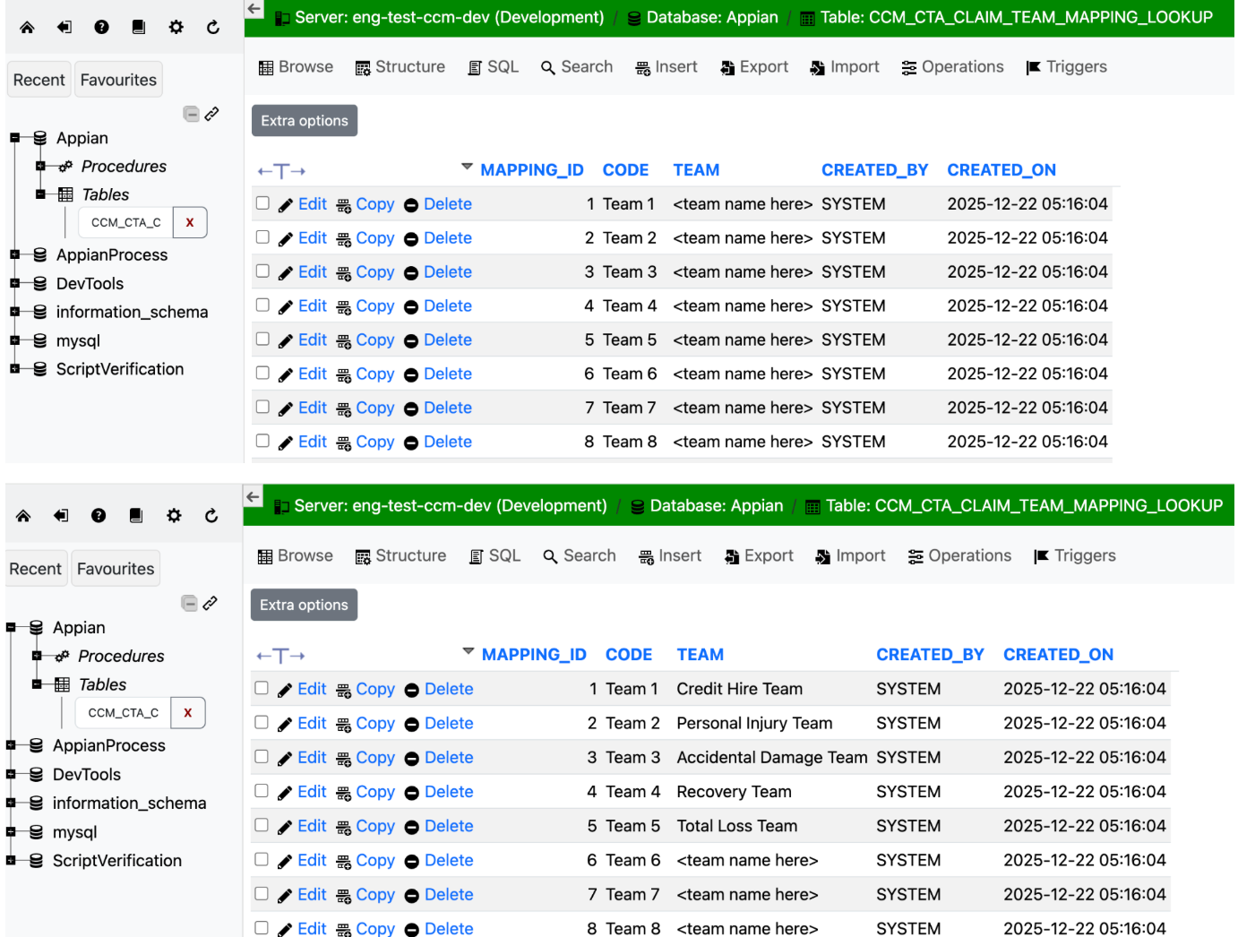 Updating the team mapping lookup table in Cloud Database