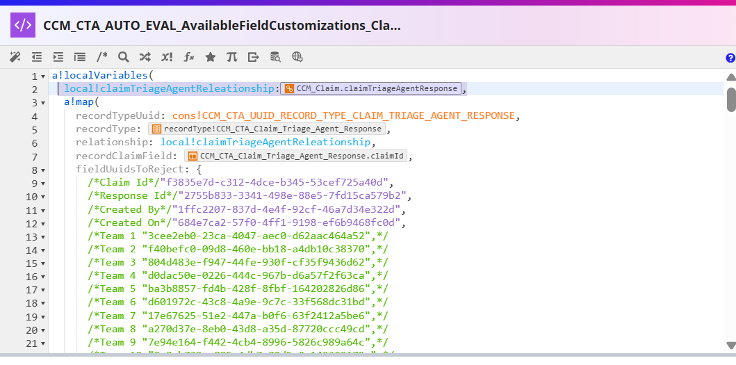 The CCM_CTA_AUTO_EVAL_AvailableFieldCustomizations_ClaimTriageAgent expression rule with the claimTriageAgentReleationship local variable set to the Claim Triage Agent Response relationship