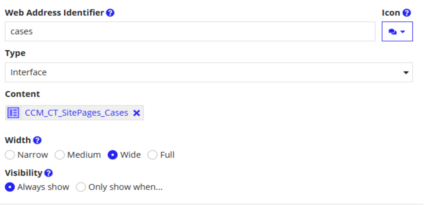 The Cases page content and visibility settings in the CCM_Site_Workspace site
