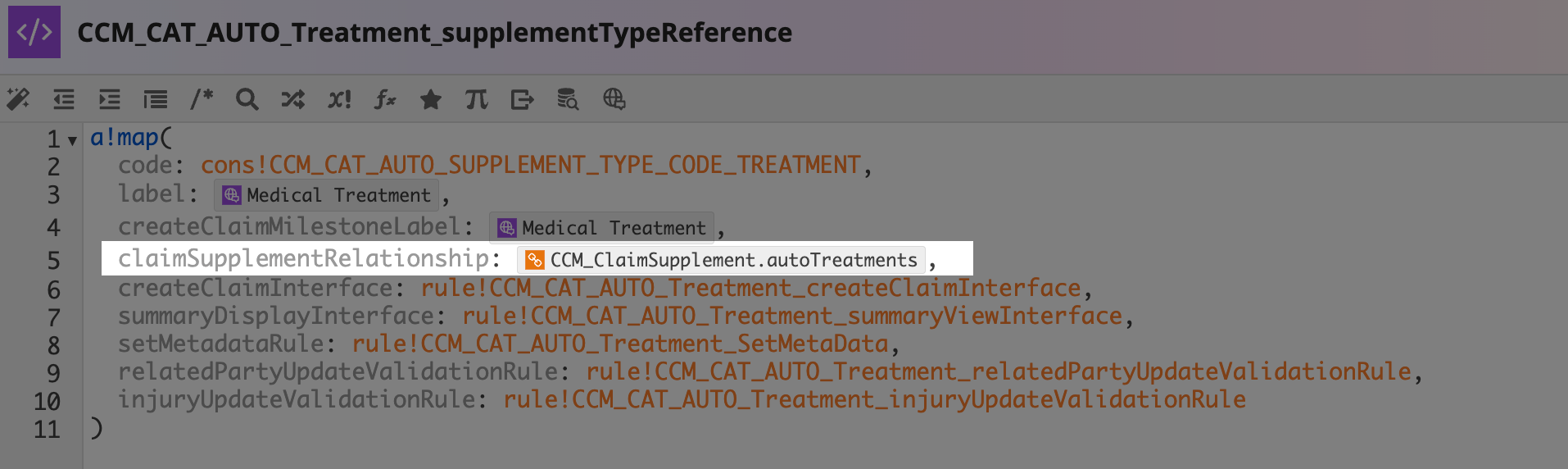 Treatment supplement type reference with relationship mapping