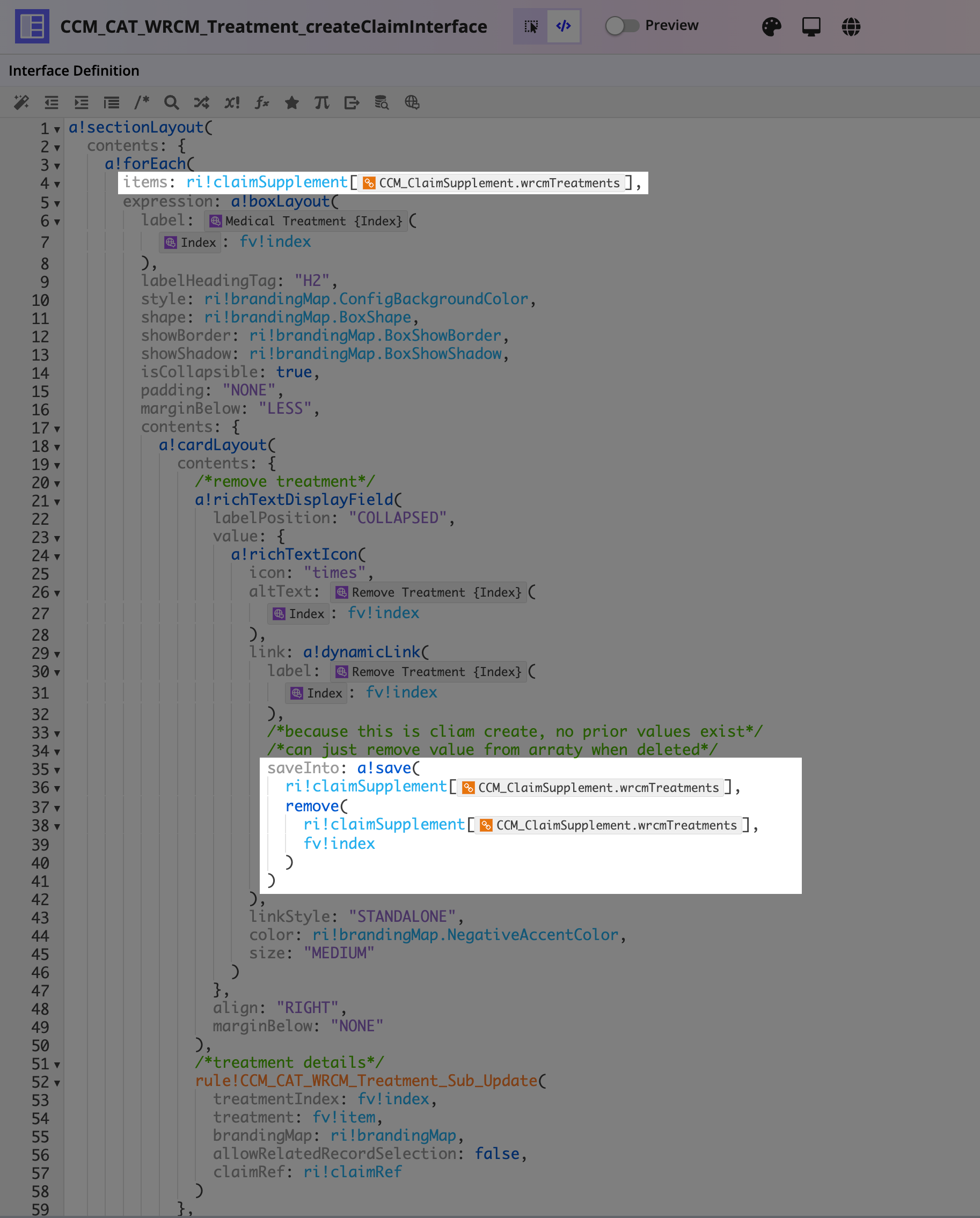 Treatment create claim interface with wrcmTreatments mapping