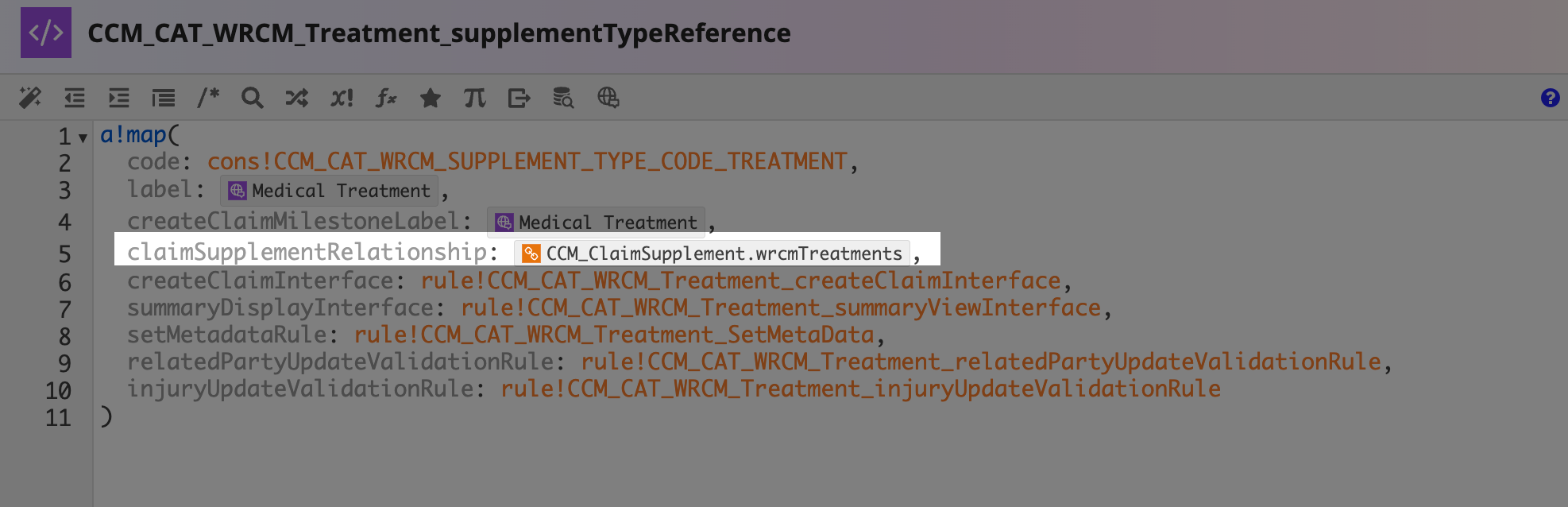 Treatment supplement type reference with relationship mapping