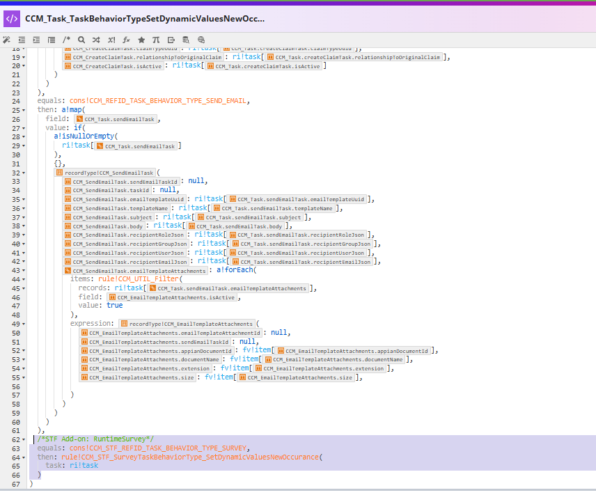 The CCM_Task_TaskBehaviorTypeSetDynamicValuesNewOccurrence expression rule with the RuntimeSurvey code added to the a!match function