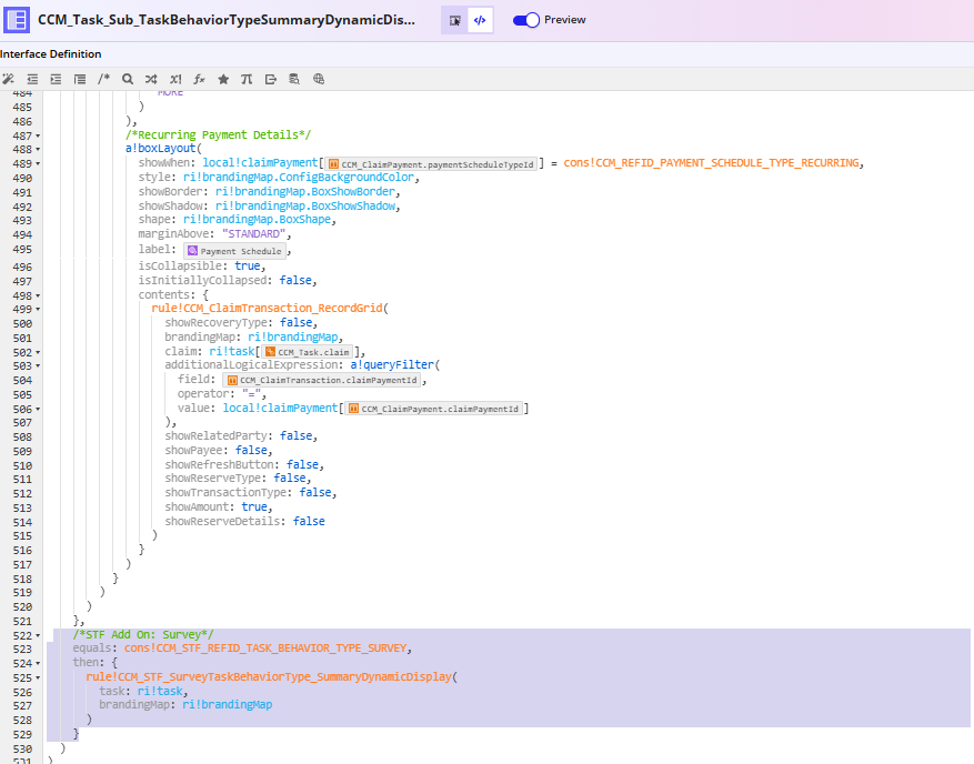 Survey task records interface with dynamic display code