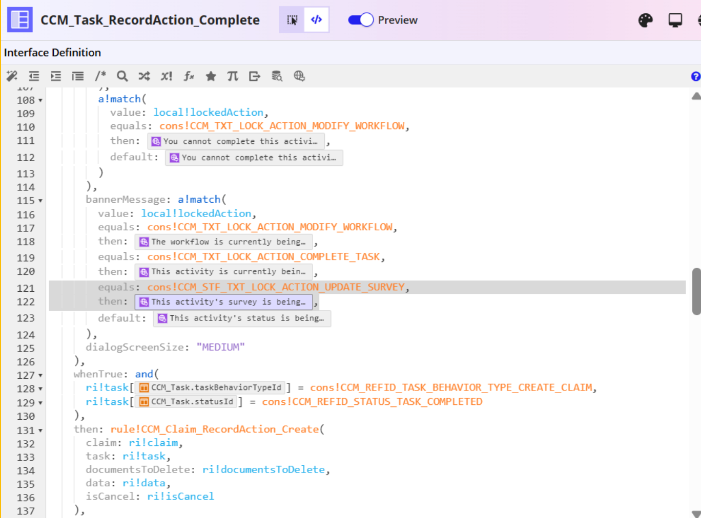 The CCM_Task_RecordAction_Complete interface with the CCM_STF_TXT_LOCK_ACTION_UPDATE_SURVEY condition added to the bannerMessage a!match function