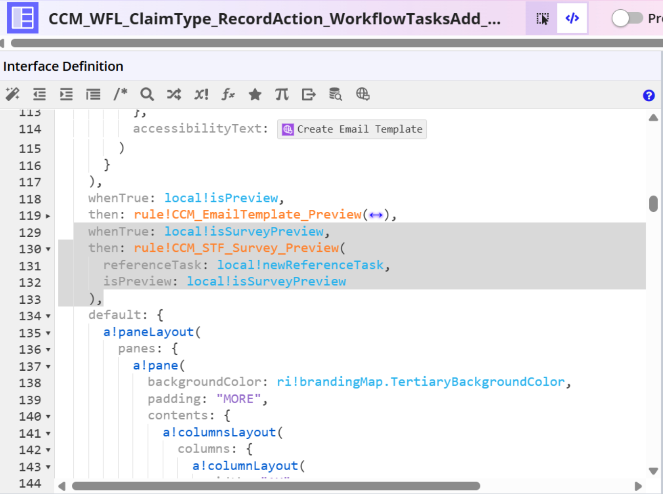 The CCM_WFL_ClaimType_RecordAction_WorkflowTasksAdd_AddTasks interface with the Survey preview condition added to the a!match function