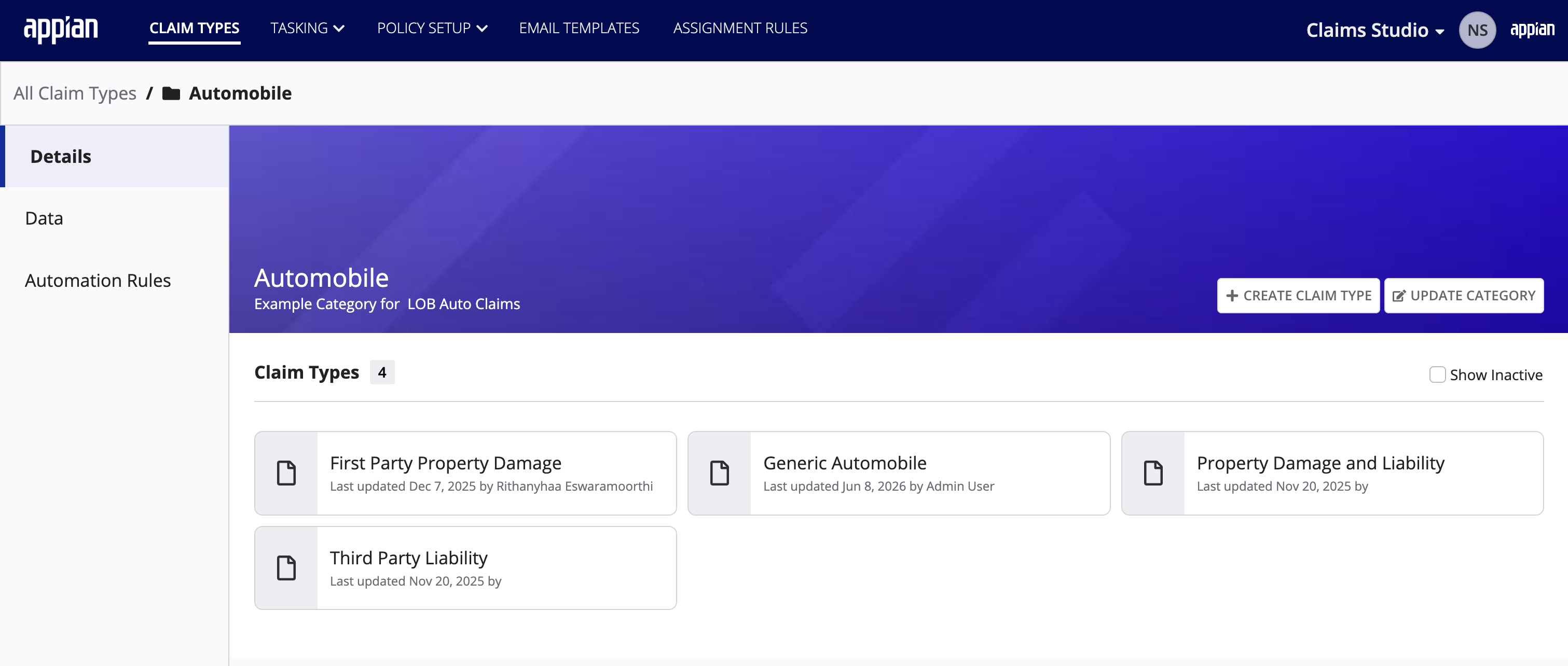 Claim type Details tab showing claim types in the category