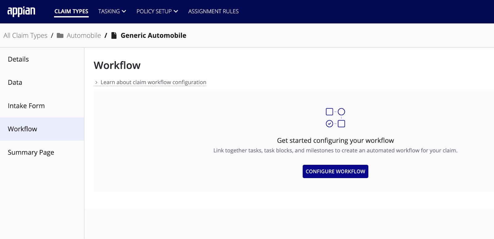 Workflow tab in the claim type configuration