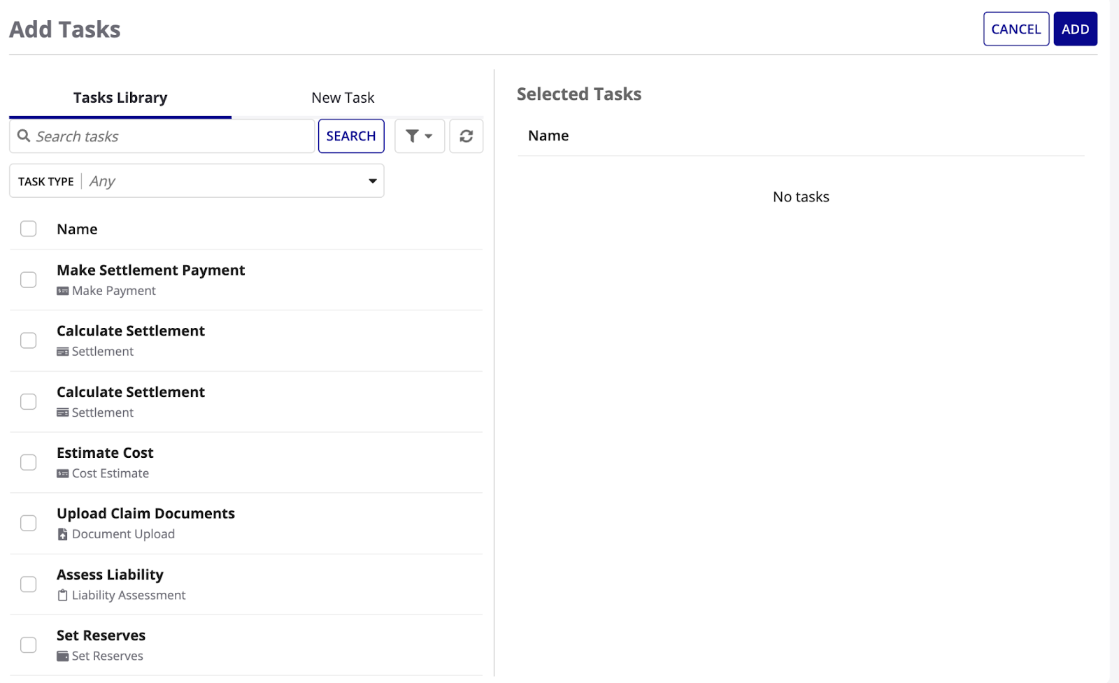 Add Tasks dialog with Tasks Library and Selected Tasks