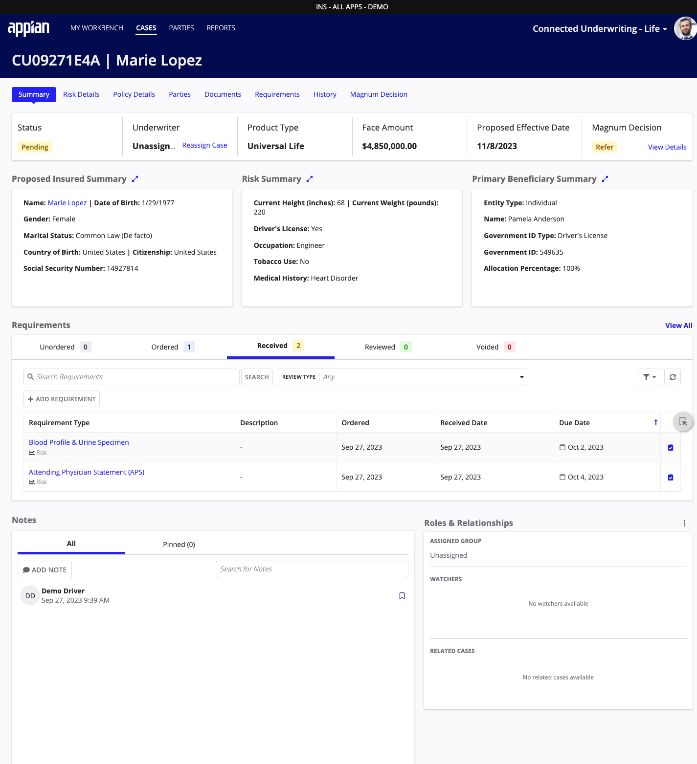 CU Life Workbench: Case summary view showing comprehensive case information