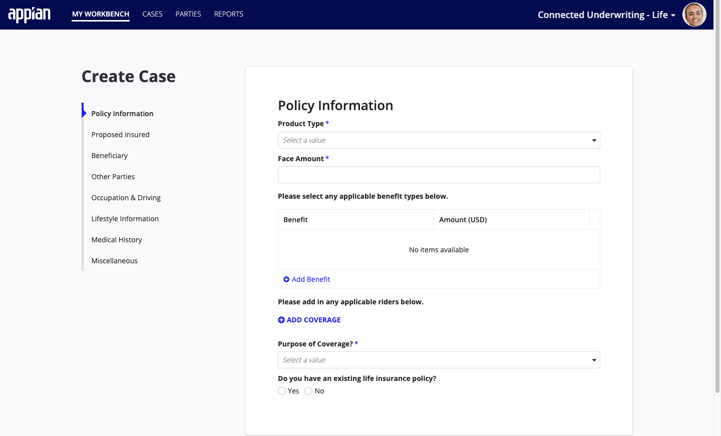 CU Life Workbench: Create case wizard showing application data entry fields