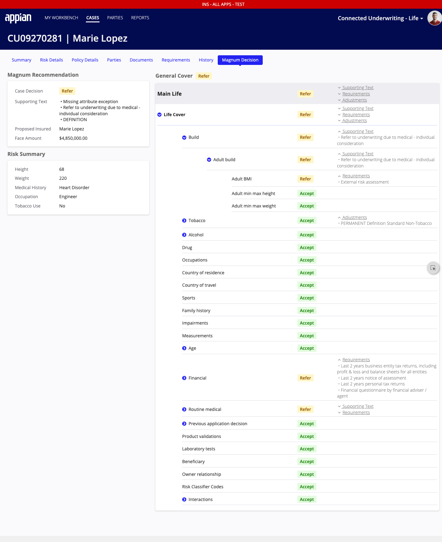 CU Life Workbench: Magnum decision tab showing refer recommendation
