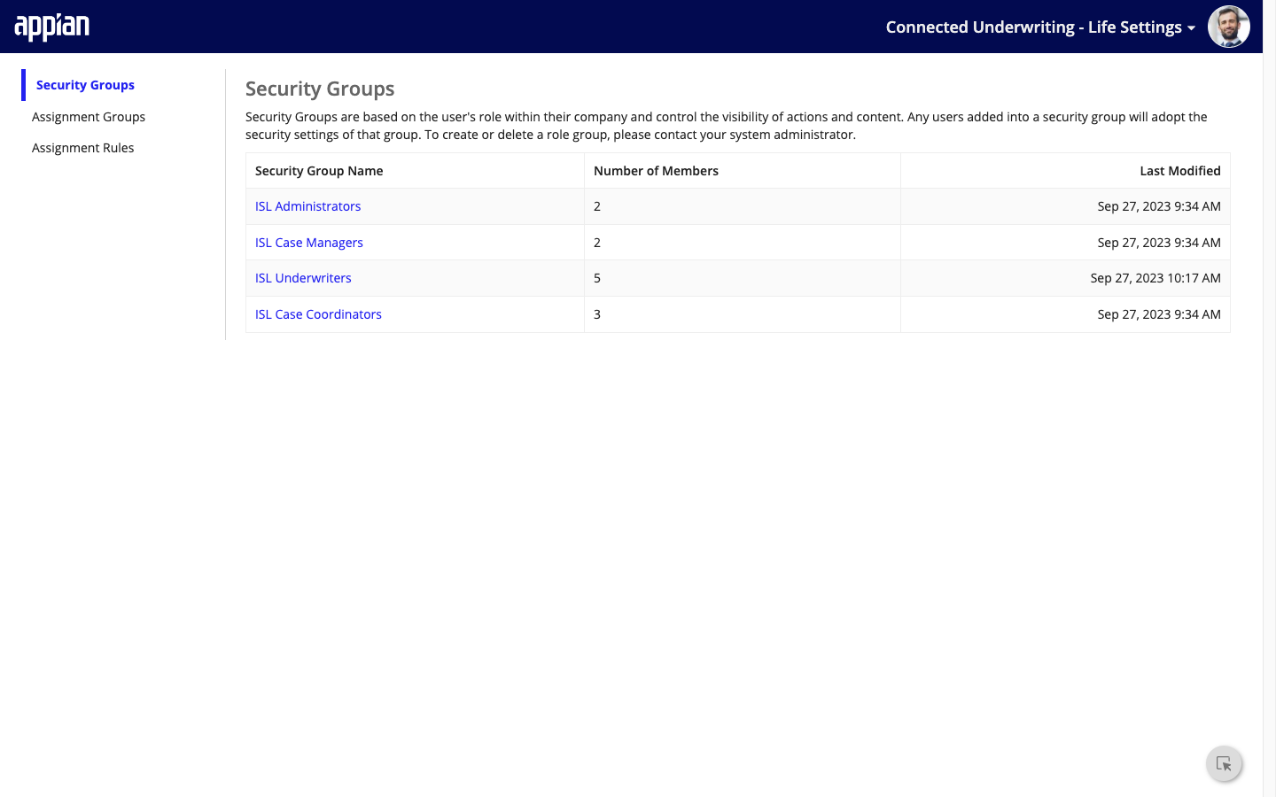 CU Life Workbench: Settings security groups management interface