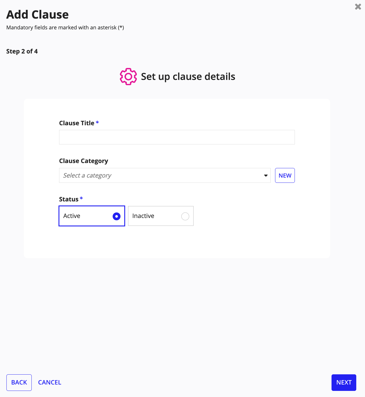 Add Clause wizard step 2 showing clause title, category dropdown, and status options.