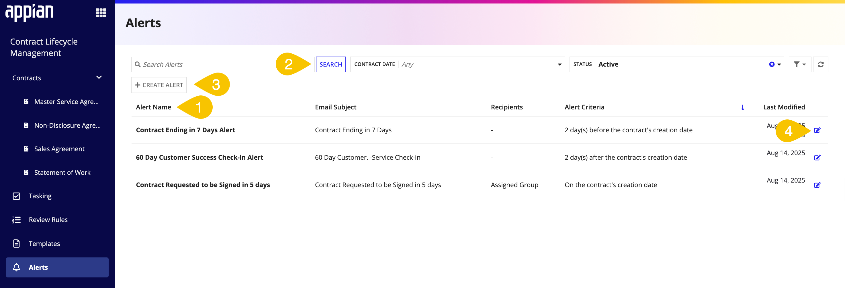 CLM Alerts screen displaying contract alerts with search, create, and edit options.