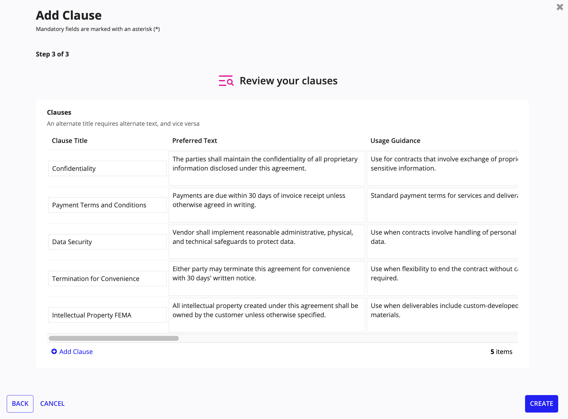 Bulk import review screen showing uploaded clauses with titles, text, and usage guidance.