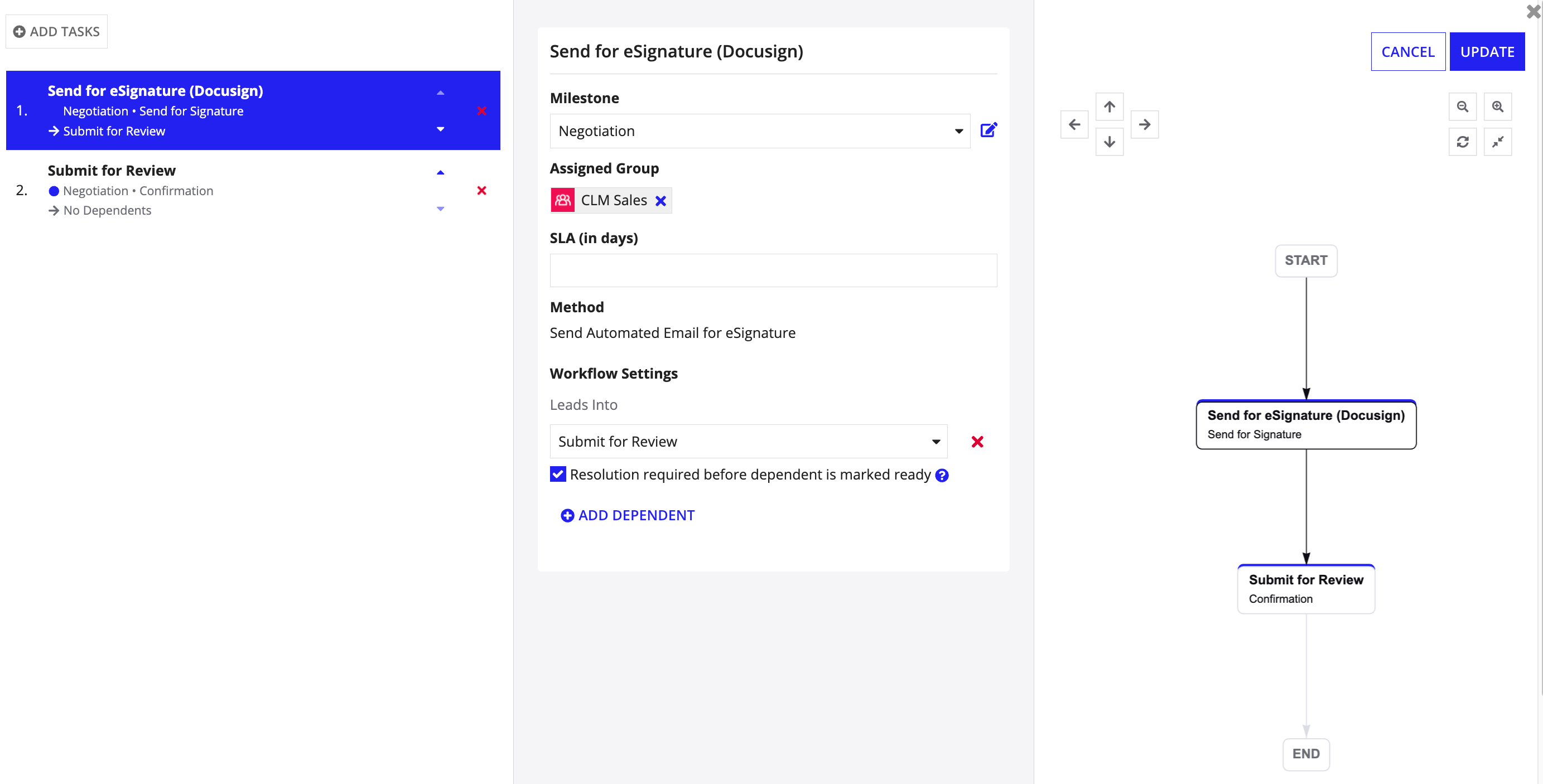 Workflow editor displaying tasks, their settings, and workflow.