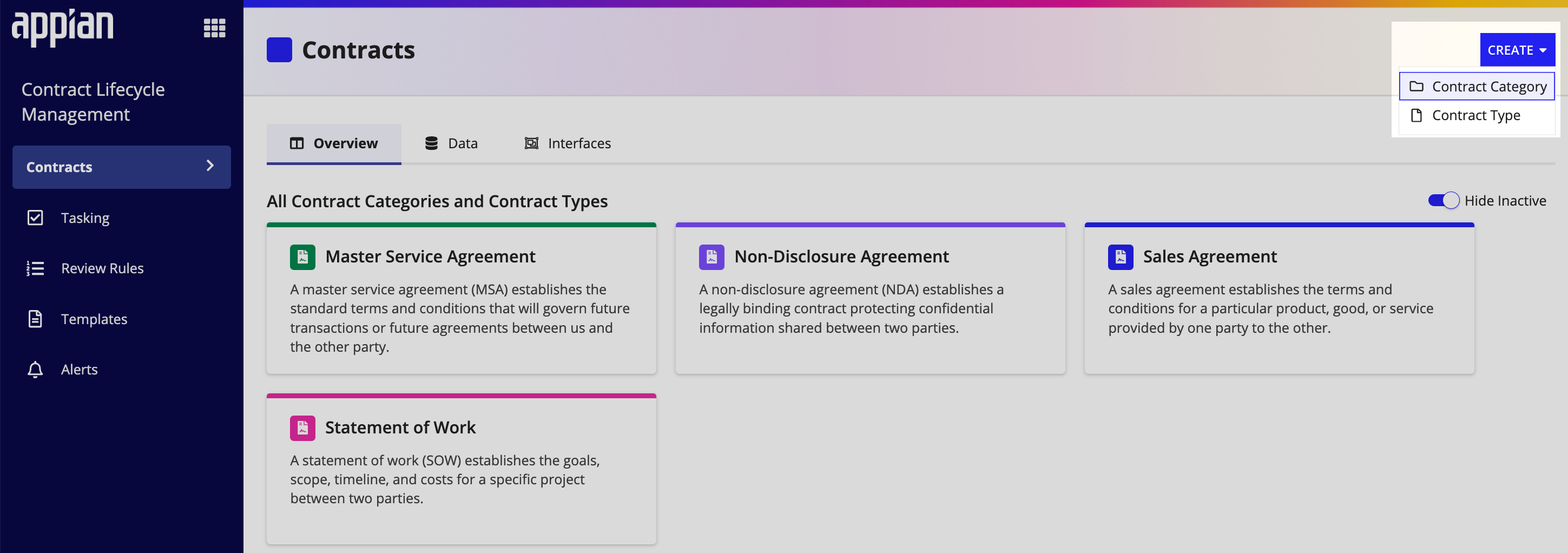 Control Panel screen: categories, types, and 'Create' menu for new contracts.