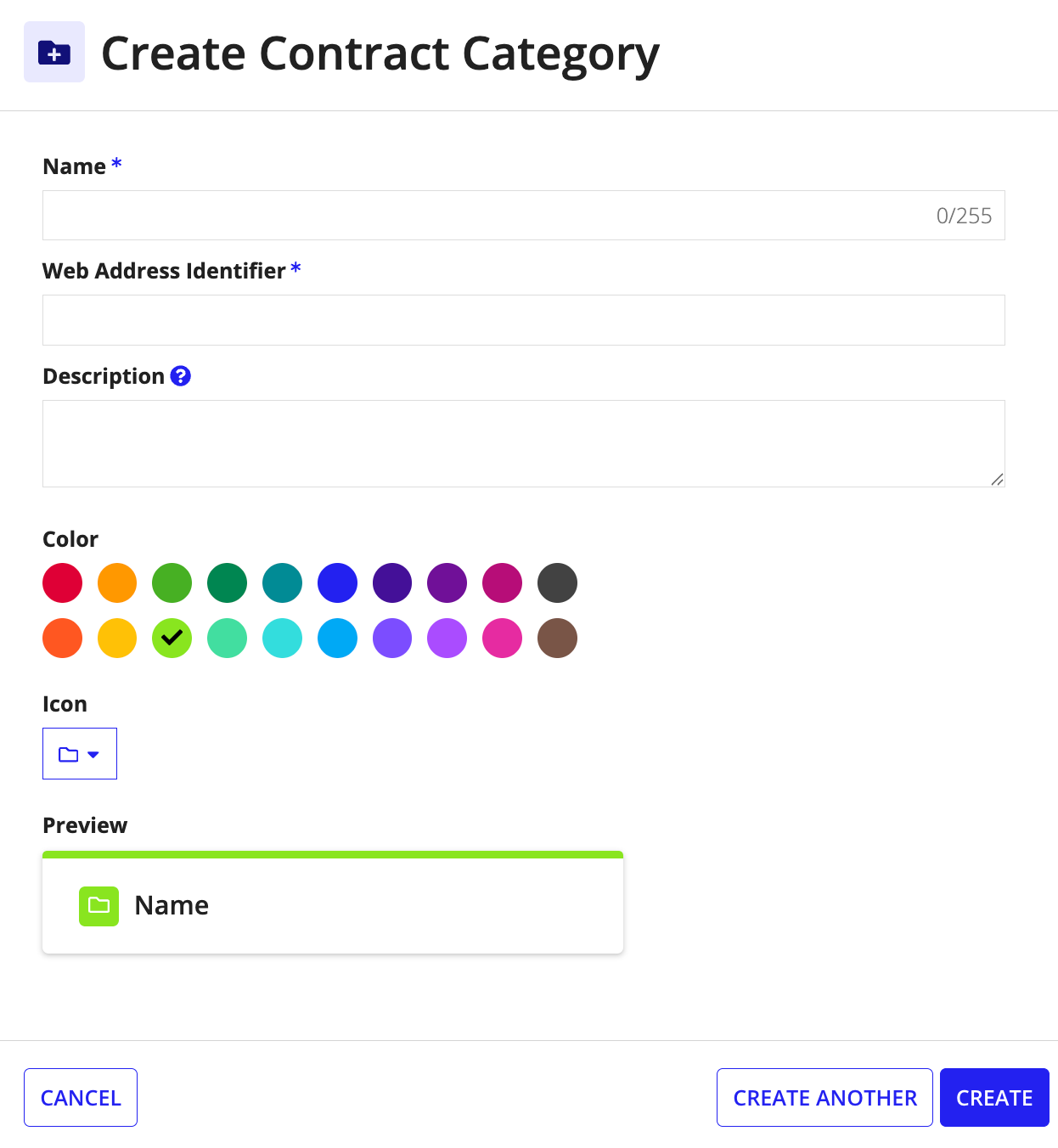 Form for creating a contract category, including name, description, color, and icon options.
