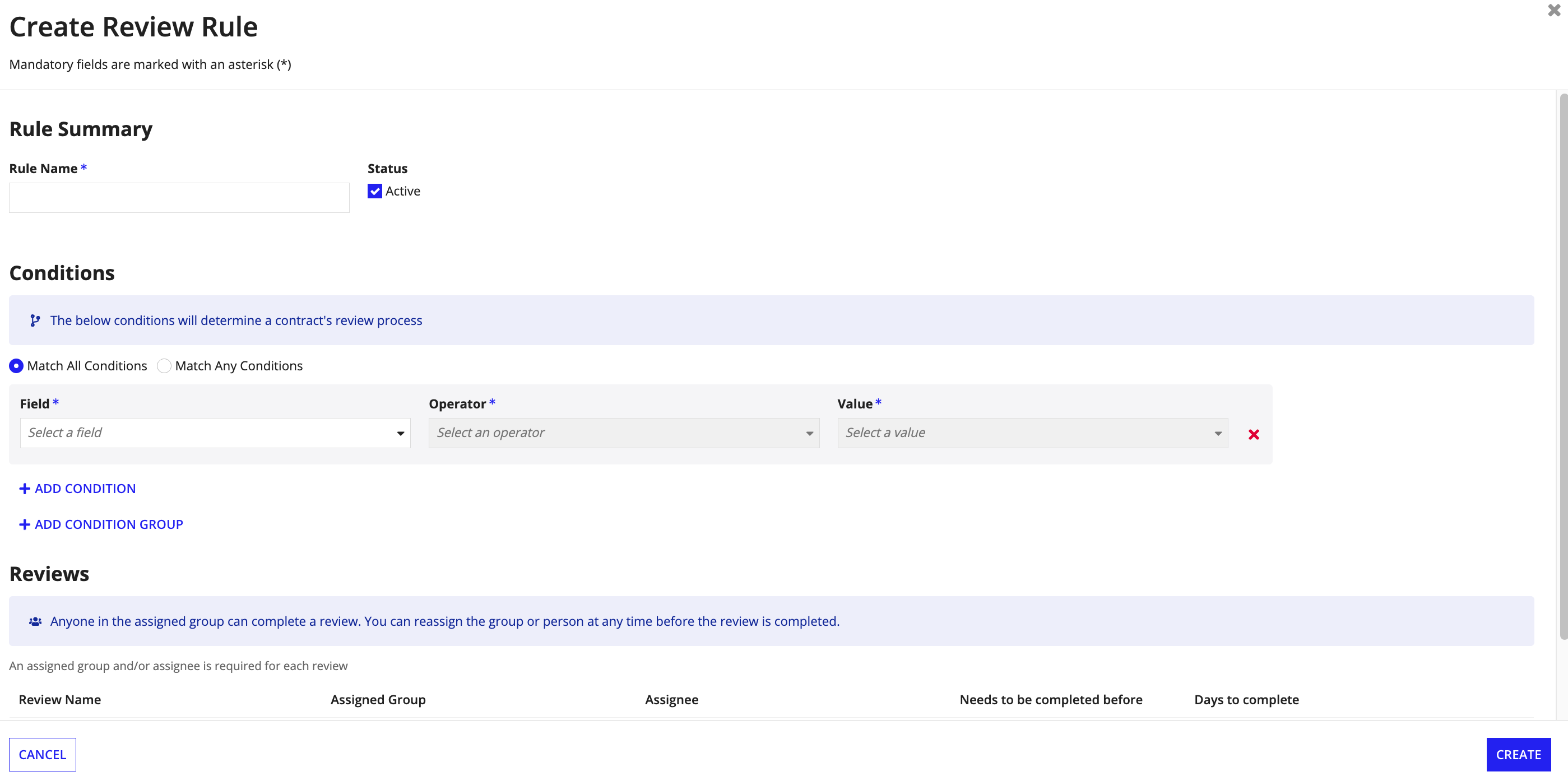 Contract review rule creation form, including summary, conditions, and review assignments.