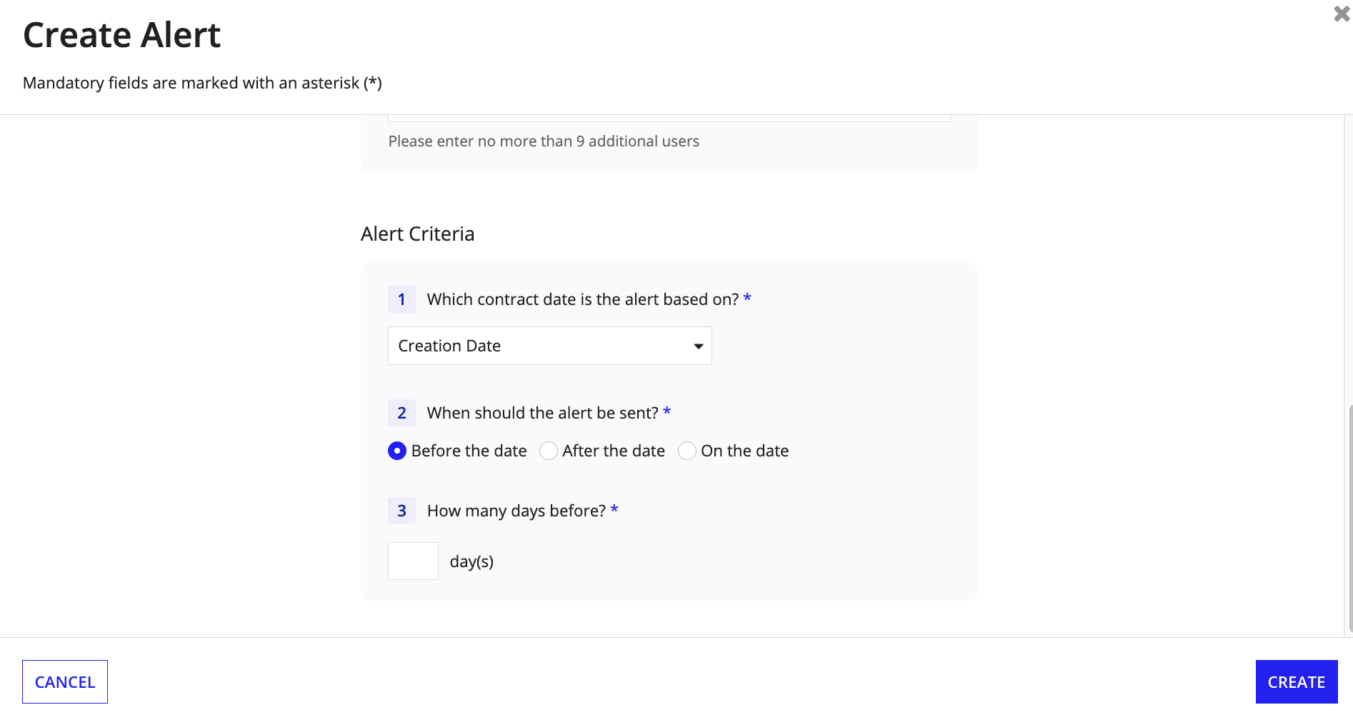 Create Alert dialog with criteria for sending alerts based on contract dates.