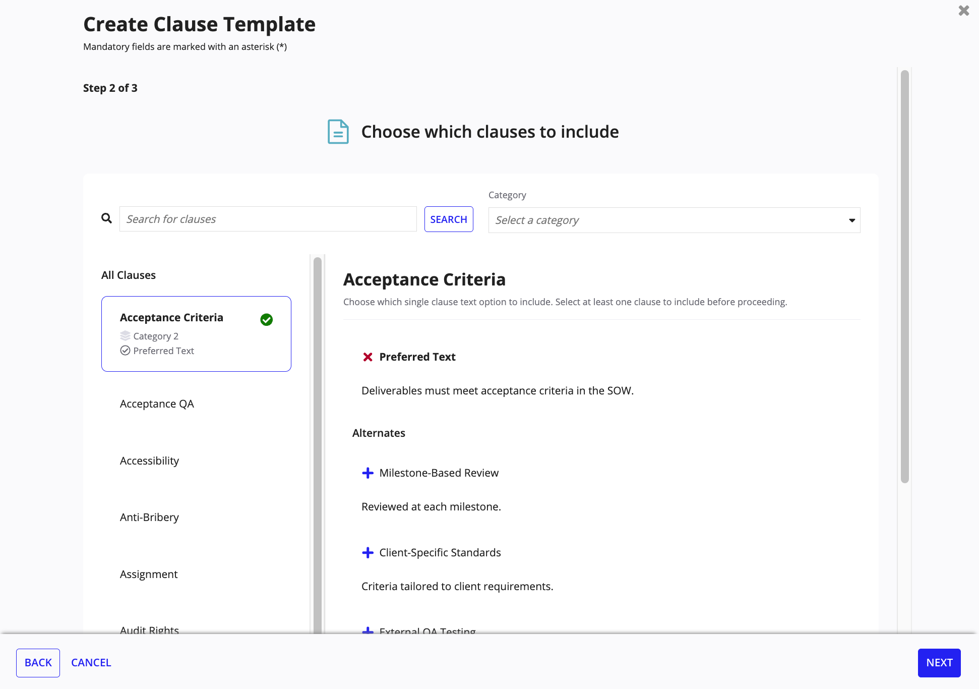 Create template wizard showing clause selection with search and category filtering options.