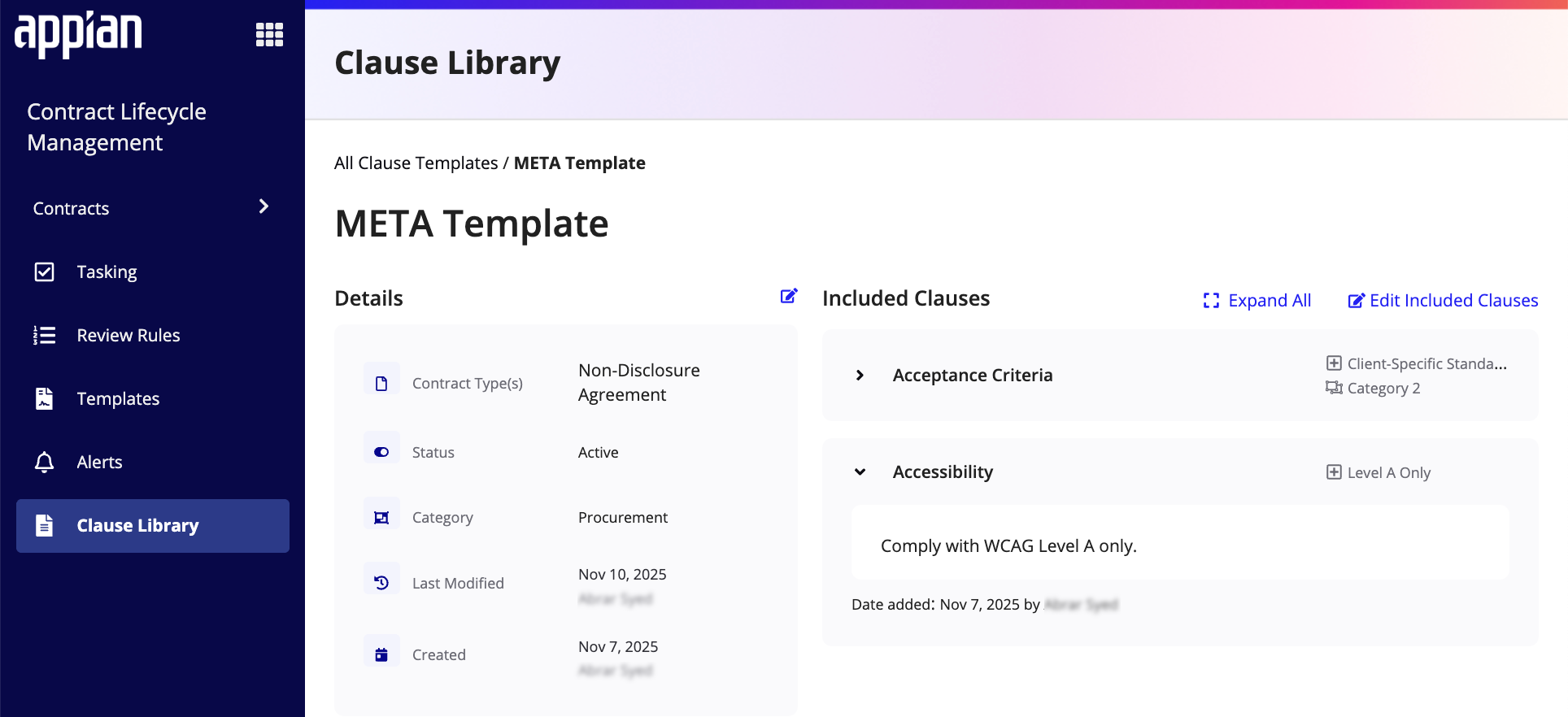 Template details page with included clauses, expand options, and edit controls.
