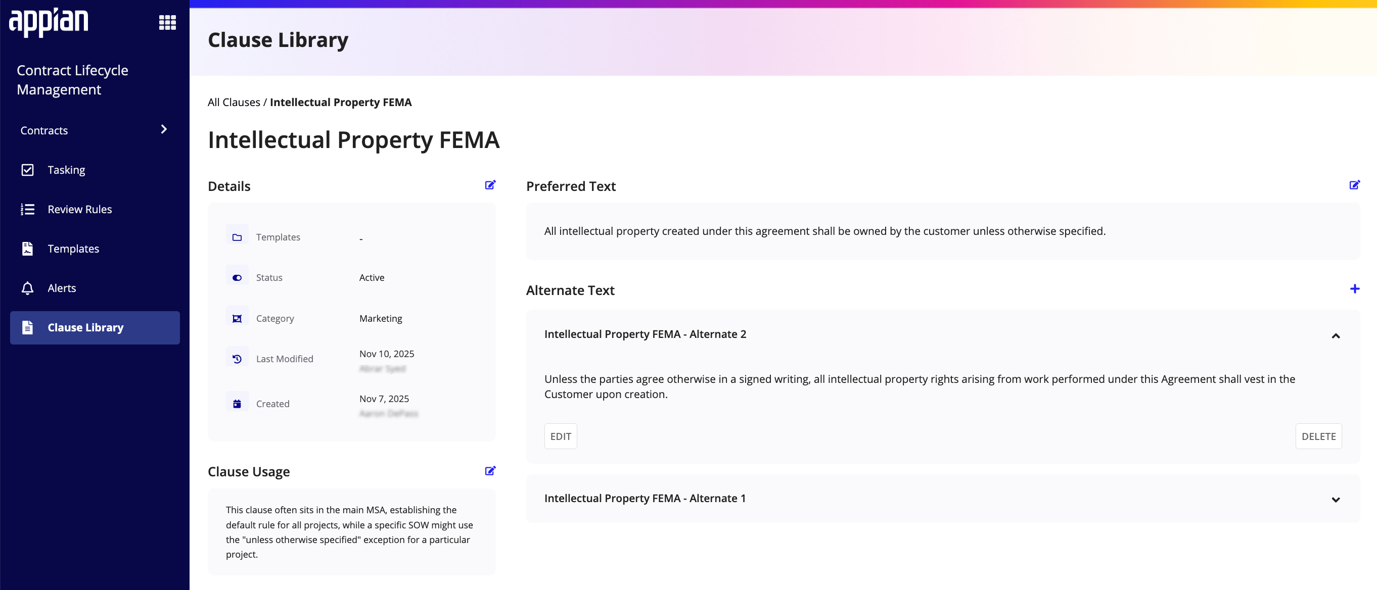 Clause details page showing preferred text, alternate text sections, and edit options.