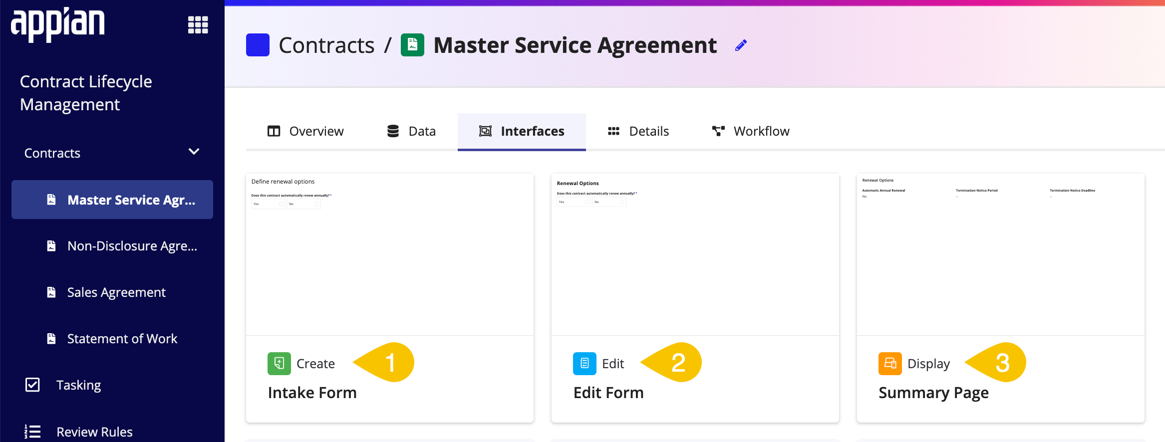 Interfaces tab with Create, Edit, Display forms.