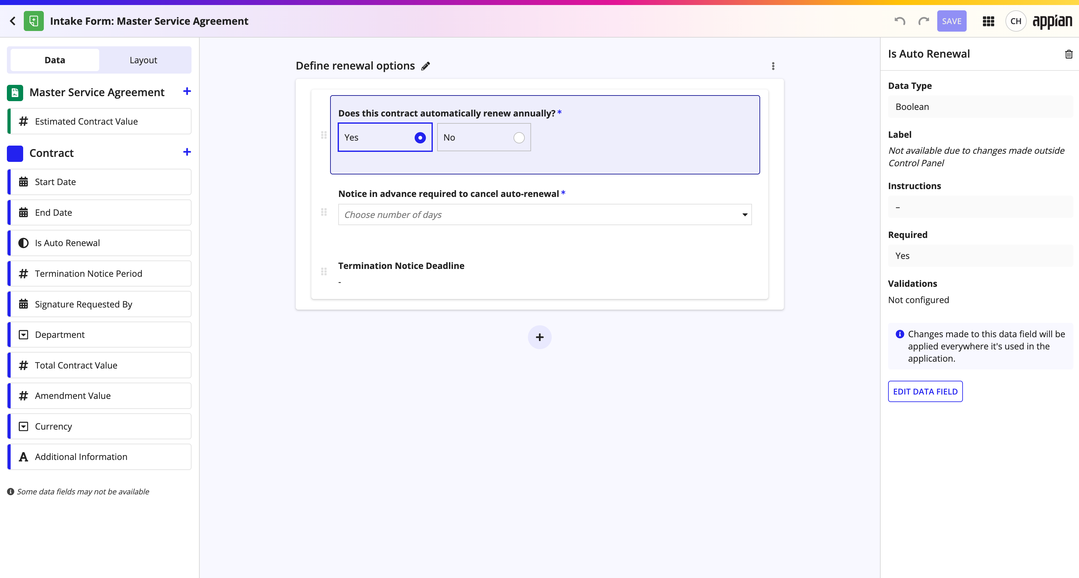 Configure interface forms using data fields