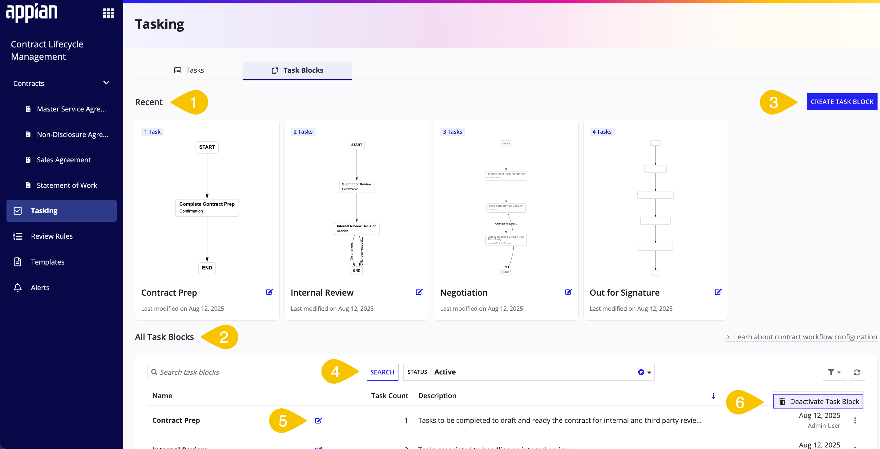 Task Blocks tab: Listing task block workflows, list of task blocks, and button to create a new task block.
