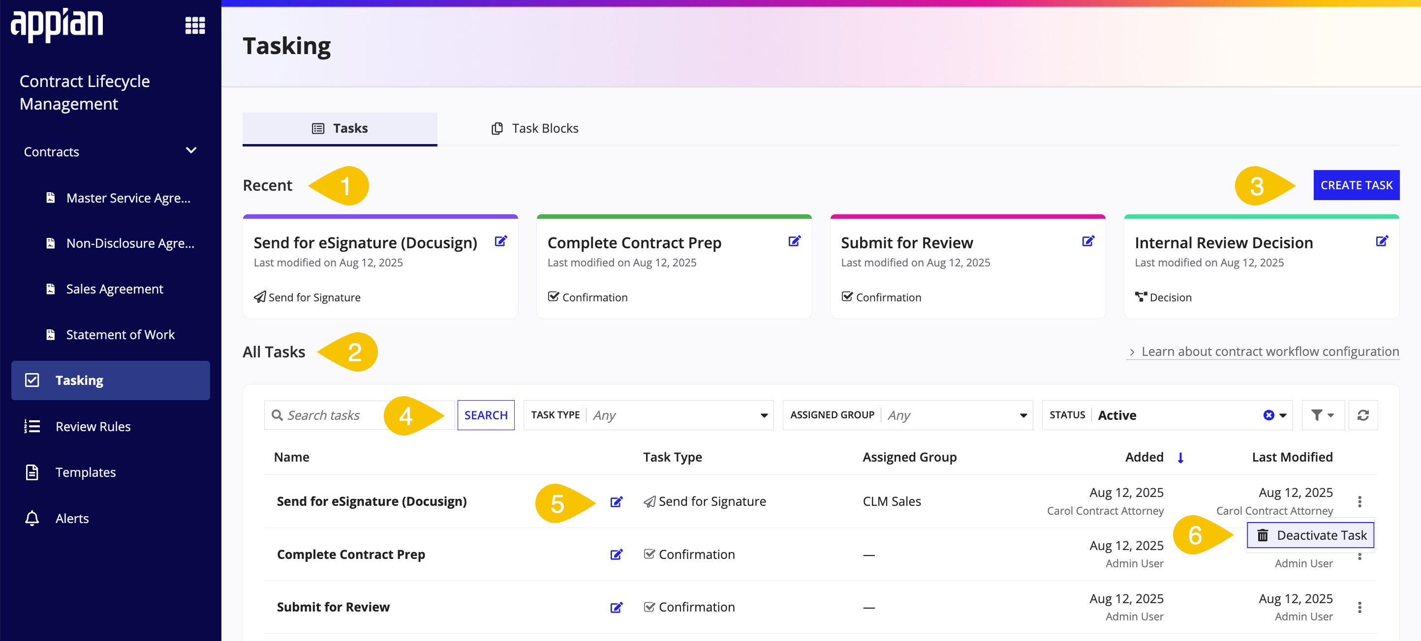 Tasking screen displaying task lists and controls.