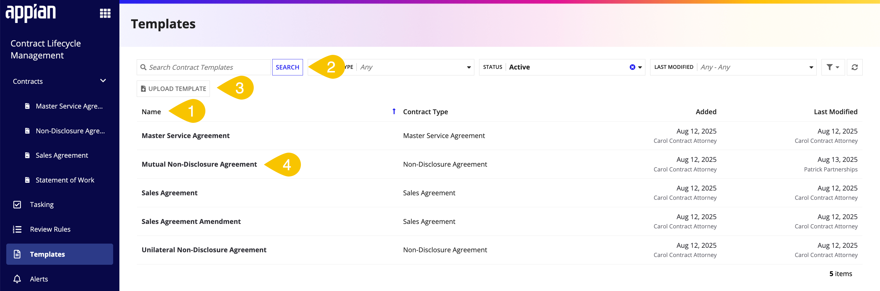 Templates tab with search and upload options.