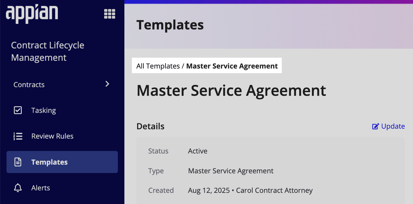 Templates breadcrumb to navigate back to the Templates tab