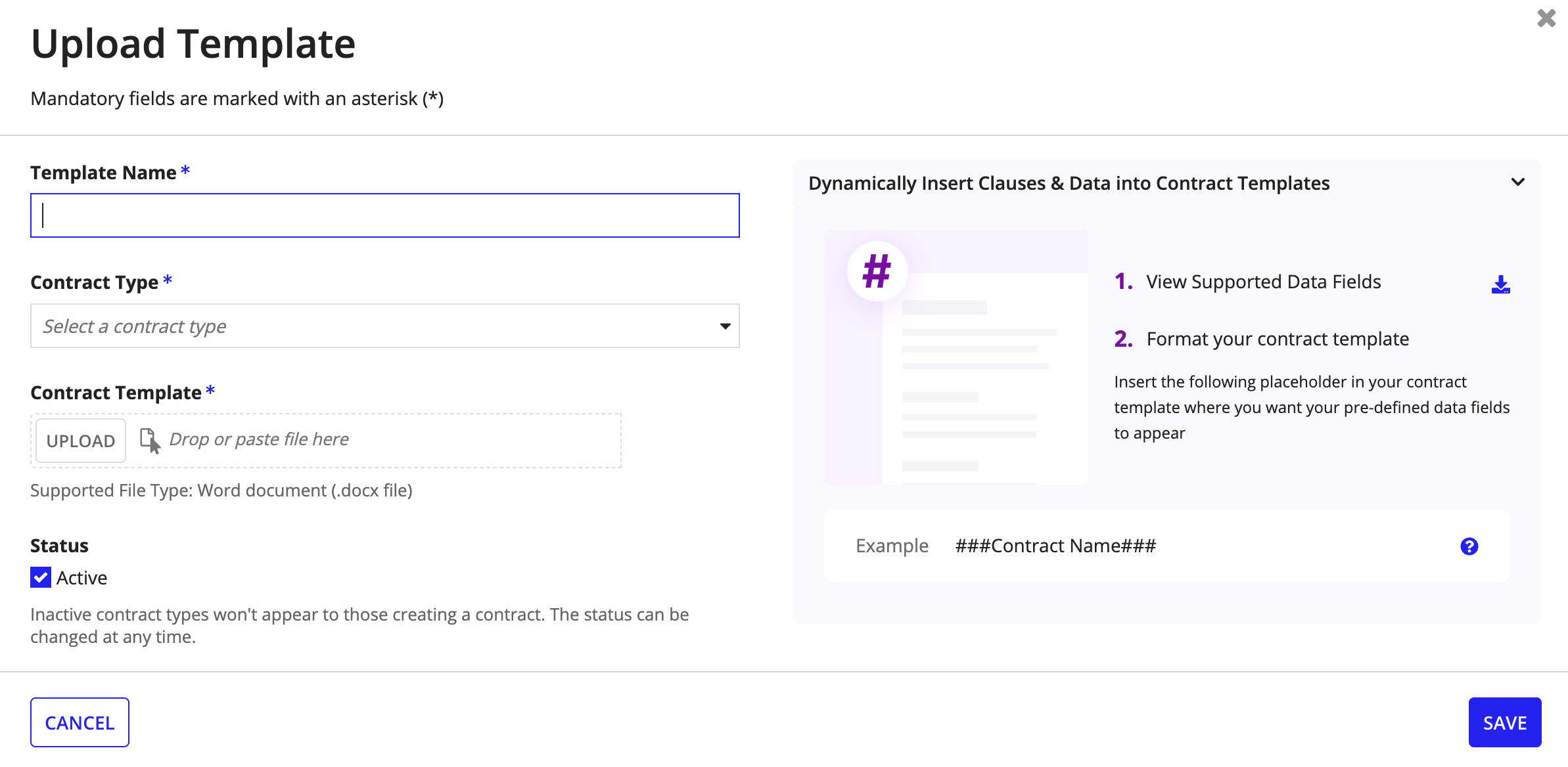 Upload Template dialog with fields for template name, contract type dropdown, file upload area, and status checkbox.