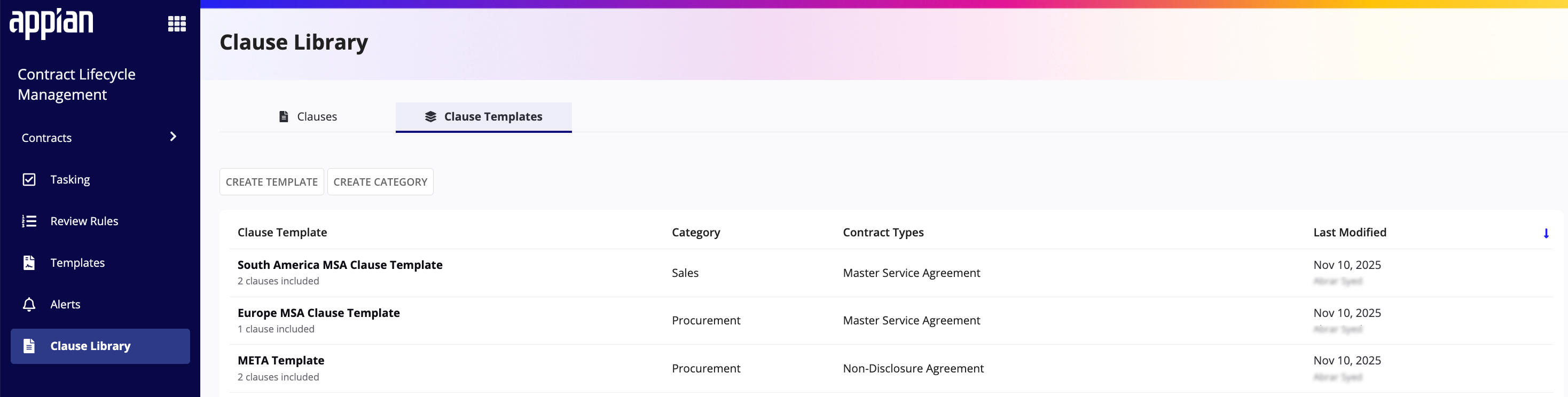 Clause Templates tab displaying template list with categories, types, and dates.