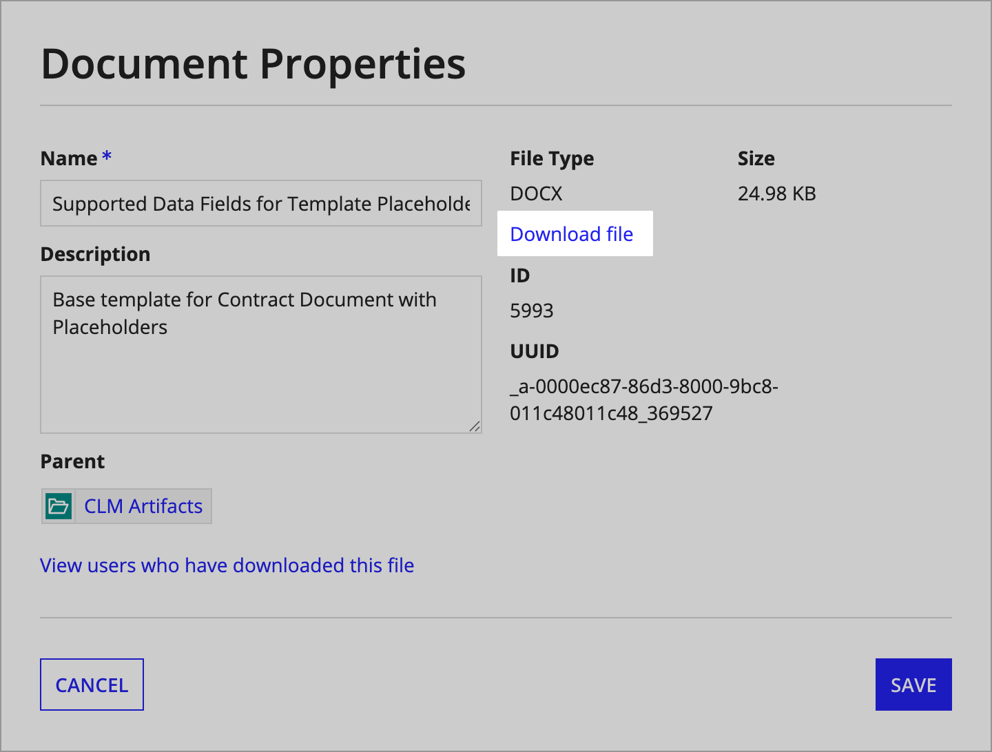 Appian Designer Build page showing the Supported Data Fields for Template Placeholders document with download option.