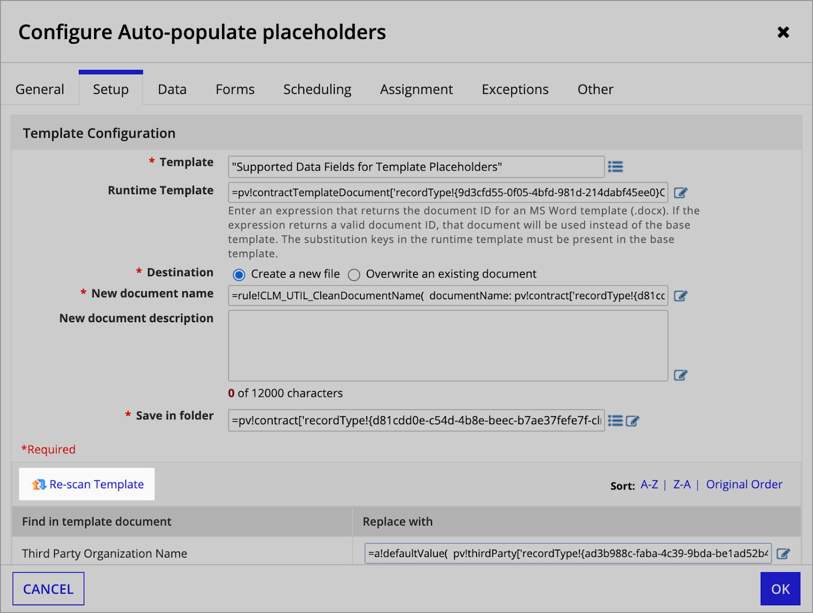 Re-scan Template dialog showing existing and new placeholders with Replace with fields for mapping record fields.