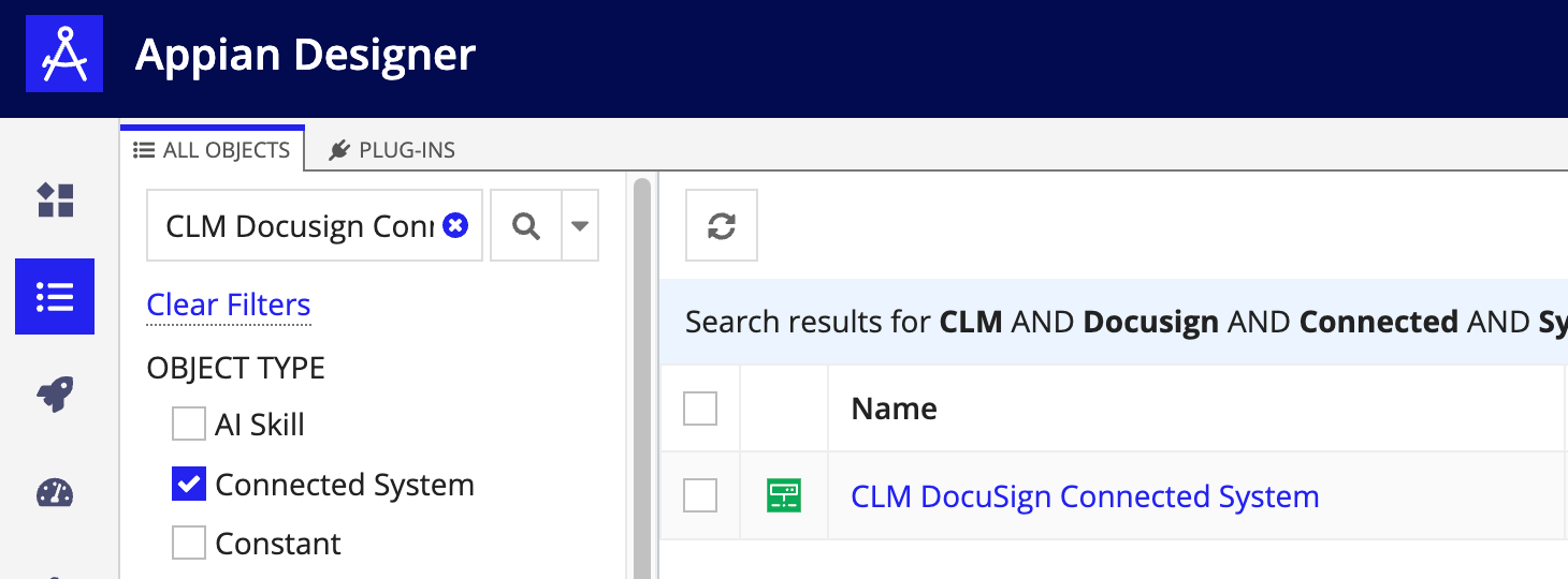 Search results in Appian Designer showing the CLM Docusign Connected System object.